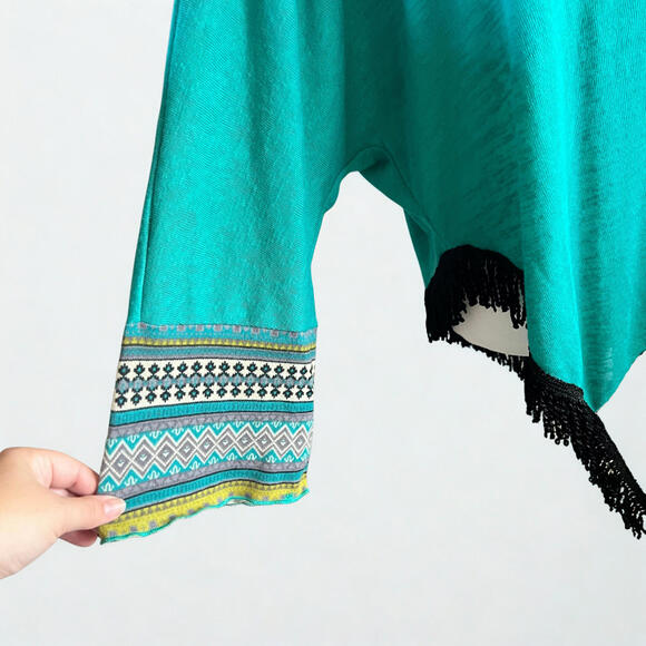 Adore Teal Tapestry Fringe Sweater Size XLarge One Sleeve One Open Side - Picture 4 of 7
